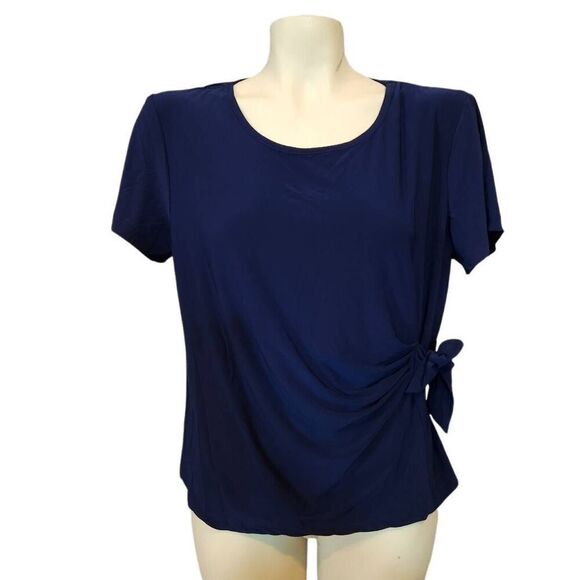 Women's Salon Studio Navy Short Sleev Blouse Size Petite Large - Picture 1 of 4